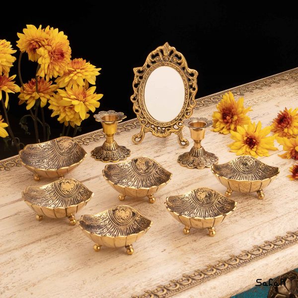 شش عدد کاسه برنجی طلایی هندی هندی طرح صدف (بدون آیینه و شمعدان )
