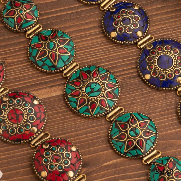 زیورالات دستبند سنگی رنگی دست ساز هندی طلایی برنجی منجوق