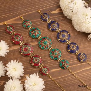 زیورالات دستبند سنگی رنگی دست ساز هندی طلایی برنجی منجوق