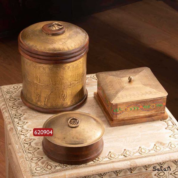 ست آشپز خانه و پذیرایی برنجی و چوبی طلایی هندی