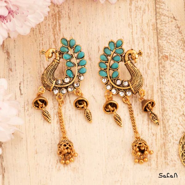 بدلیجات گوشواره دست ساز طاووسی منگوله ایی رنگی هندی