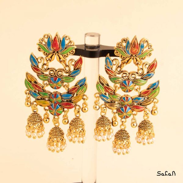 زیورالات گوشواره هندی لوستری میخی آویزی طاووسی دستساز مرواریدی مهره ایی