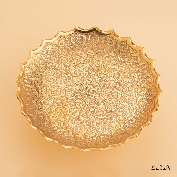 شیرینی خوری برنجی هندی طلایی تاج میناکاری پایه دار