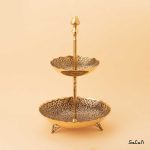 شیرینی خوری دو طبقه برنجی هندی طلایی سیاه قلم انتیک